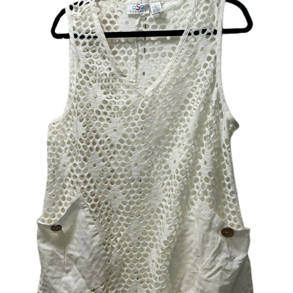 Women’s OSO Casuals Ivory Open Knit Tank Swimsuit Cover Up Beachwear Sz Large